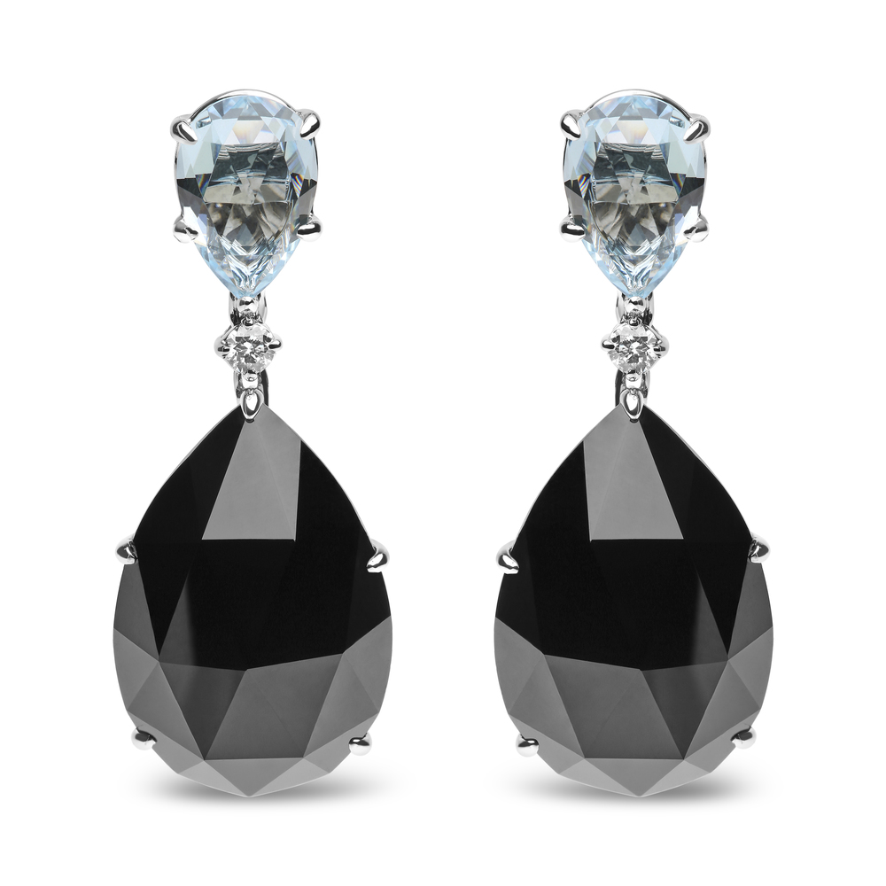 18K Gold 1/5 Ct Diamond with Sky Blue Topaz & Black Onyx Gemstone Dangle Earring